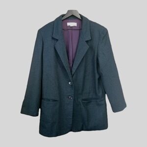 Vintage Paris Sport Club Blazer Jacket Women Size L‎ Navy Teal Houndstooth